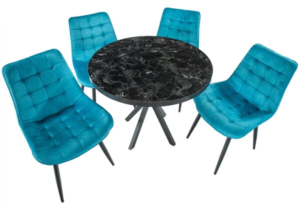 Set masa Hamburg Black Marble cu 4 scaune Osaka turcoaz, DENVER, picioare metalice negre, forma rotunda, 90x73 cm