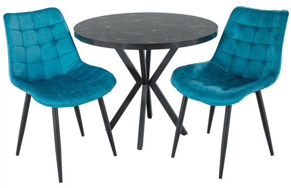 Set masa Hamburg Black Marble cu 2 scaune Osaka turcoaz, DENVER, picioare metalice negre, forma rotunda, 90x73 cm