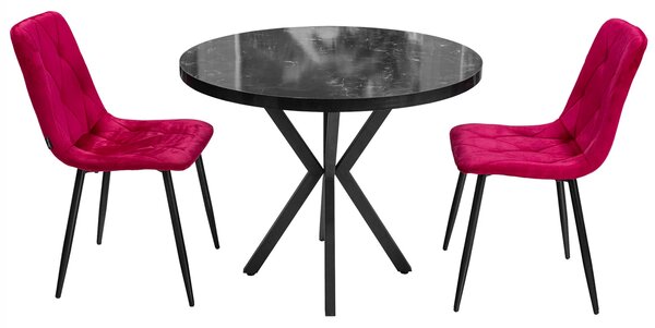 Set masa Hamburg Black Marble cu 2 scaune Kobe bordo, DENVER, picioare metalice negre, forma rotunda, 90x73 cm
