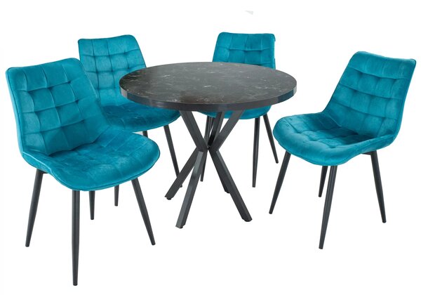 Set masa Hamburg Black Marble cu 4 scaune Osaka turcoaz, DENVER, picioare metalice negre, forma rotunda, 90x73 cm