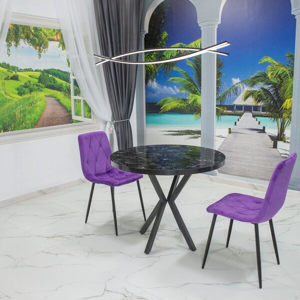 Set masa Hamburg Black Marble cu 2 scaune Kobe mov, DENVER, picioare metalice negre, forma rotunda, 90x73 cm