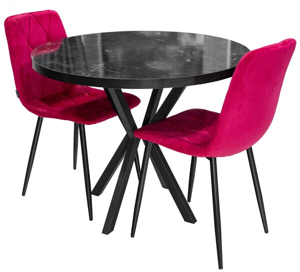 Set masa Hamburg Black Marble cu 2 scaune Kobe bordo, DENVER, picioare metalice negre, forma rotunda, 90x73 cm