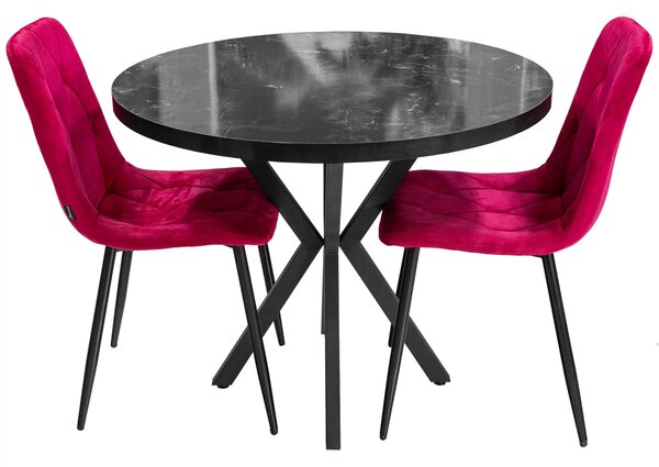 Set masa Hamburg Black Marble cu 2 scaune Kobe bordo, DENVER, picioare metalice negre, forma rotunda, 90x73 cm