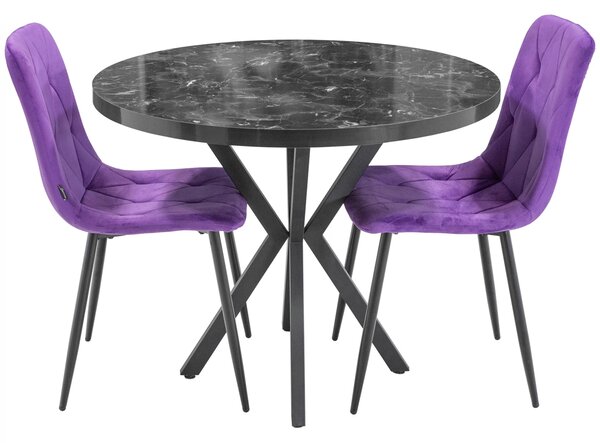 Set masa Hamburg Black Marble cu 2 scaune Kobe mov, DENVER, picioare metalice negre, forma rotunda, 90x73 cm
