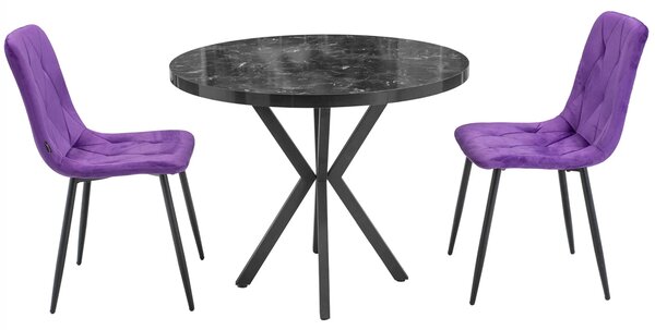 Set masa Hamburg Black Marble cu 2 scaune Kobe mov, DENVER, picioare metalice negre, forma rotunda, 90x73 cm