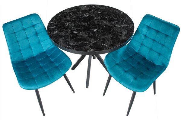 Set masa Hamburg Black Marble cu 2 scaune Osaka turcoaz, DENVER, picioare metalice negre, forma rotunda, 90x73 cm