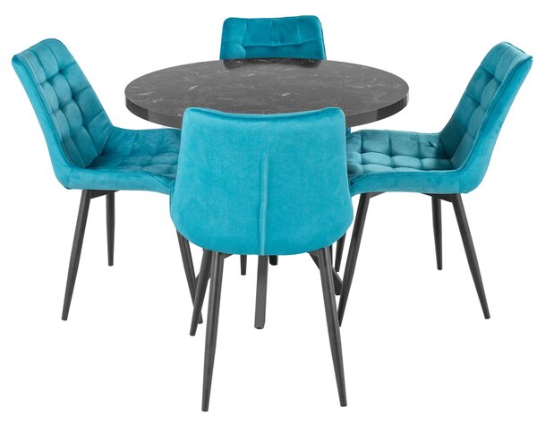 Set masa Hamburg Black Marble cu 4 scaune Osaka turcoaz, DENVER, picioare metalice negre, forma rotunda, 90x73 cm