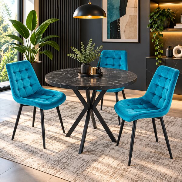 Set masa Hamburg Black Marble cu 3 scaune Osaka turcoaz, DENVER, picioare metalice negre, forma rotunda, 90x73 cm