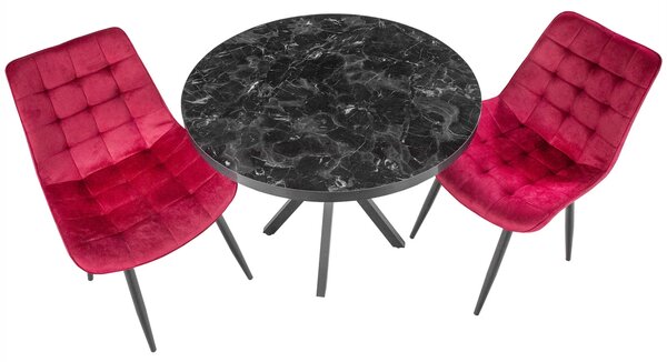 Set masa Hamburg Black Marble cu 2 scaune Osaka bordo, DENVER, picioare metalice negre, forma rotunda, 90x73 cm