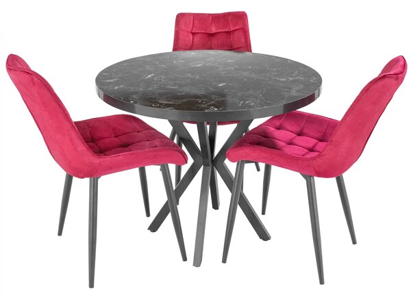 Set masa Hamburg Black Marble cu 3 scaune Osaka bordo, DENVER, picioare metalice negre, forma rotunda, 90x73 cm