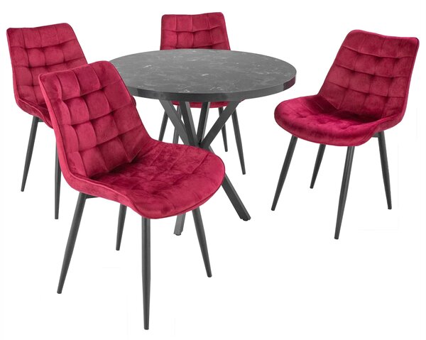 Set masa Hamburg Black Marble cu 4 scaune Osaka Bordo, DENVER, picioare metalice negre, forma rotunda, 90x73 cm