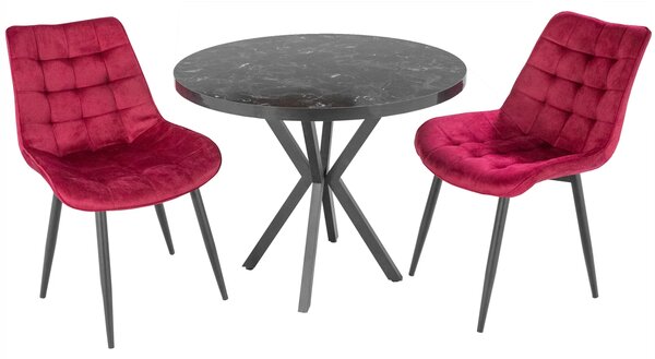 Set masa Hamburg Black Marble cu 2 scaune Osaka bordo, DENVER, picioare metalice negre, forma rotunda, 90x73 cm