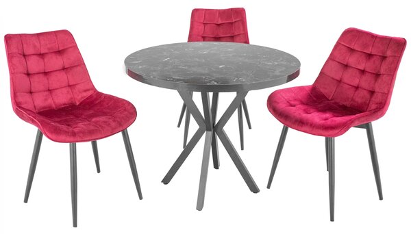 Set masa Hamburg Black Marble cu 3 scaune Osaka bordo, DENVER, picioare metalice negre, forma rotunda, 90x73 cm