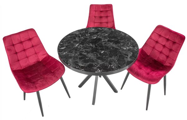 Set masa Hamburg Black Marble cu 3 scaune Osaka bordo, DENVER, picioare metalice negre, forma rotunda, 90x73 cm