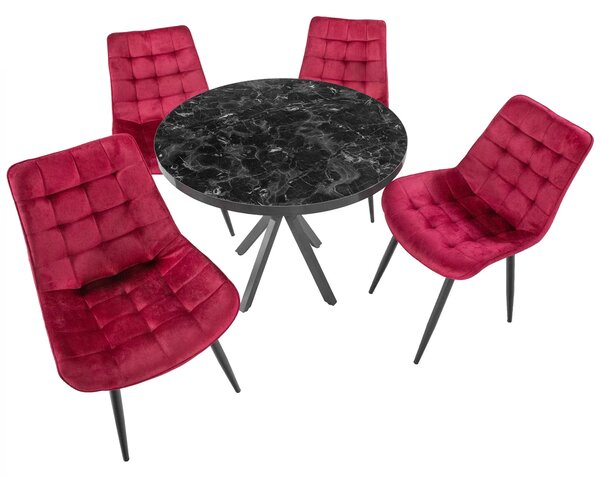 Set masa Hamburg Black Marble cu 4 scaune Osaka Bordo, DENVER, picioare metalice negre, forma rotunda, 90x73 cm