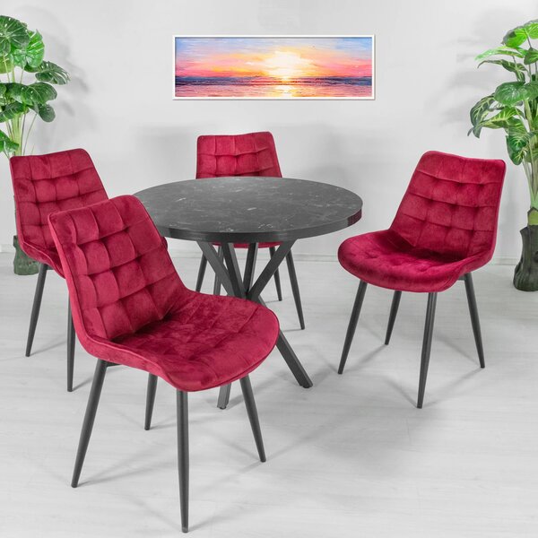 Set masa Hamburg Black Marble cu 4 scaune Osaka Bordo, DENVER, picioare metalice negre, forma rotunda, 90x73 cm