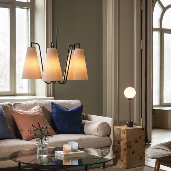 Globen Lighting Lampă suspendată Lou 5, alb Bouclé/negru, din țesătură, reglabil, Alb, Camera de zi / sufragerie, Țesătură / Textil, Design