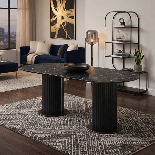 Masă fixă bucătărie Amara Slim Negru Marmorat, Blat din PAL, Picioare din MDF, 180 x 90 x 75 cm