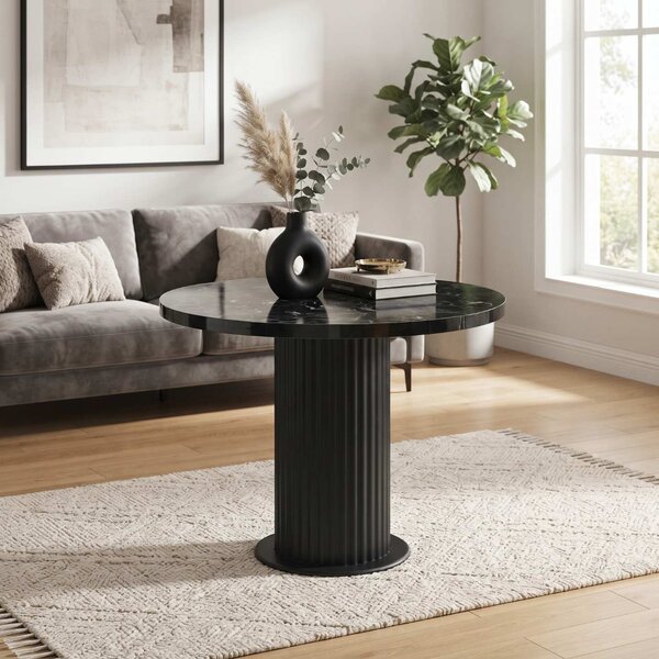 Masă rotundă bucătărie Florys Negru Marmorat, Blat din PAL, Picior din MDF, Ø90 × 75 cm