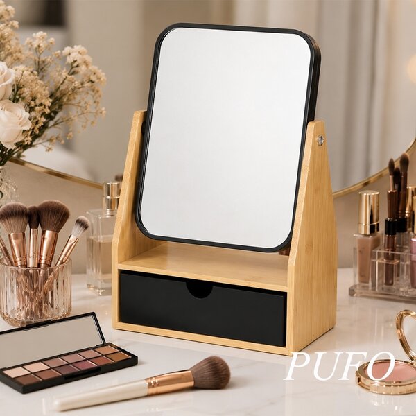 Oglindă cosmetică Pufo cu organizator pentru accesorii, ustensile make-up, depozitare produse cosmetice, design elegant pentru masa de toaleta, negru