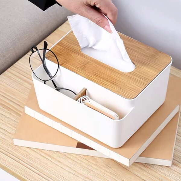 Cutie pentru servetele Pufo Bamboo cu suport depozitare accesorii, organizator multifunctional pentru birou, baie sau living, 17 cm