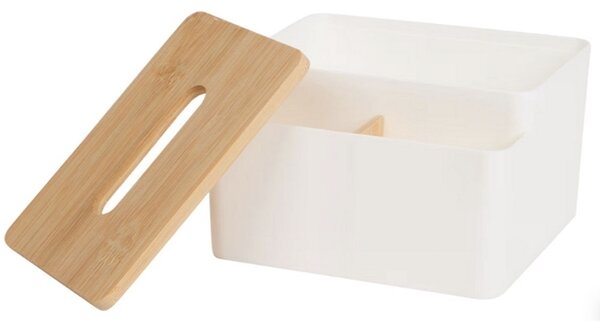 Cutie pentru servetele Pufo Bamboo cu suport depozitare accesorii, organizator multifunctional pentru birou, baie sau living, 17 cm