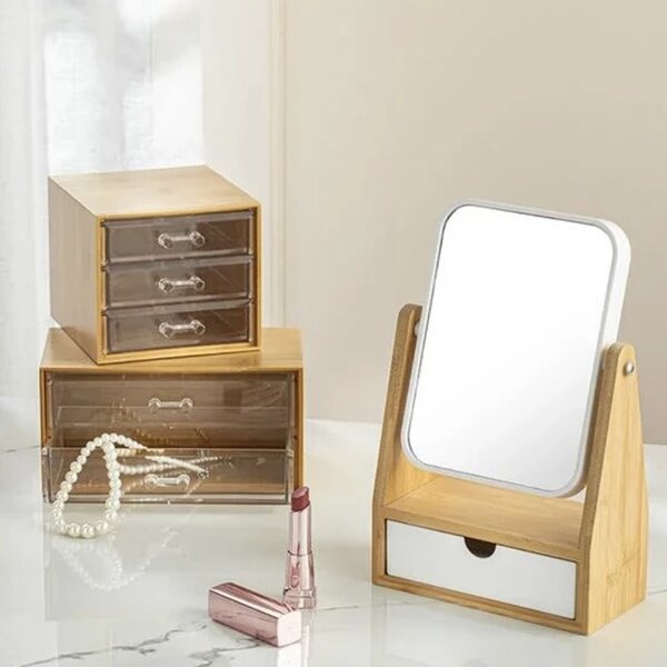 Oglindă cosmetică Pufo cu organizator pentru accesorii, ustensile make-up, depozitare produse cosmetice, design elegant pentru masa de toaleta, alb