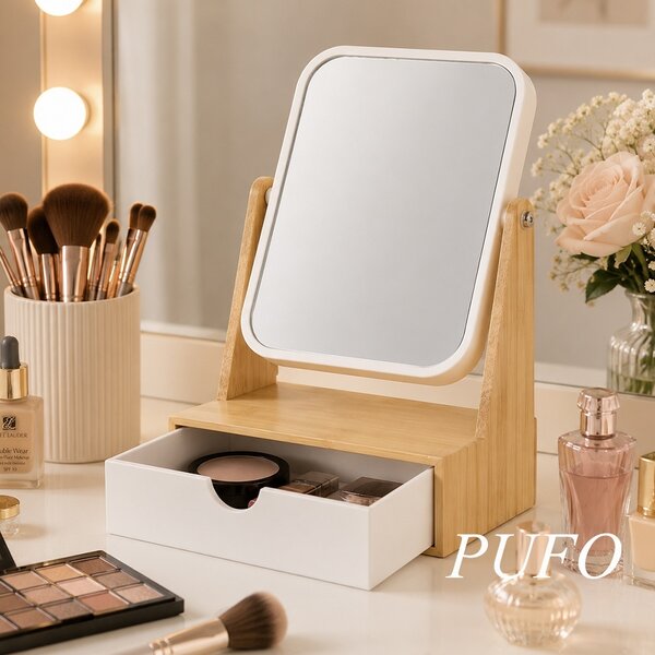 Oglindă cosmetică Pufo cu organizator pentru accesorii, ustensile make-up, depozitare produse cosmetice, design elegant pentru masa de toaleta, alb