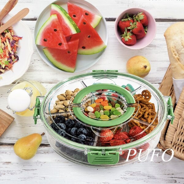 Cutie rotativa de depozitare pentru alimente Pufo Snack cu 6 compartimente pentru gustari, fructe, legume, verde