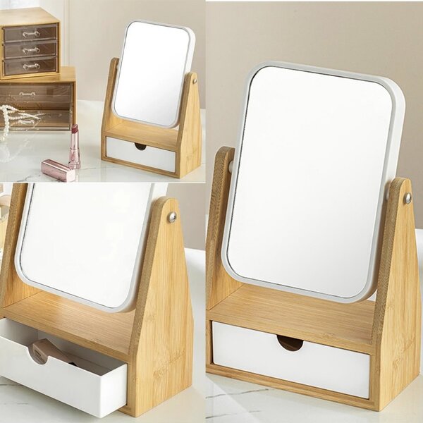 Oglindă cosmetică Pufo cu organizator pentru accesorii, ustensile make-up, depozitare produse cosmetice, design elegant pentru masa de toaleta, alb