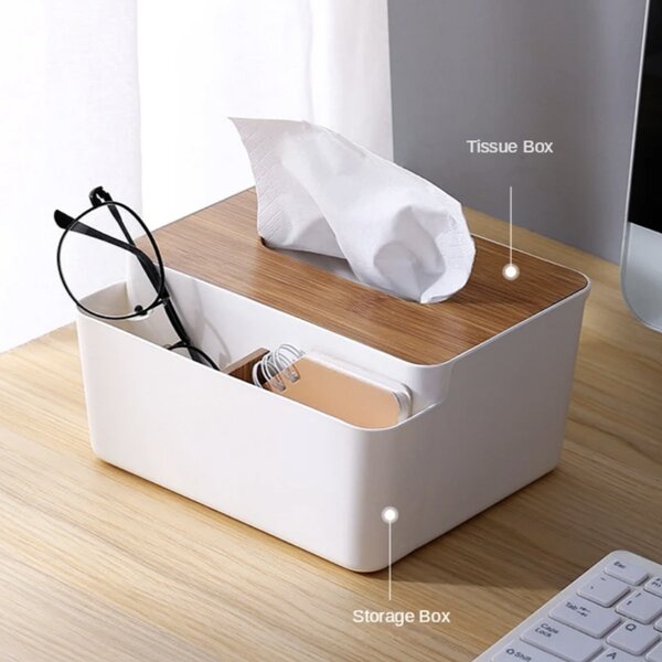 Cutie pentru servetele Pufo Bamboo cu suport depozitare accesorii, organizator multifunctional pentru birou, baie sau living, 17 cm
