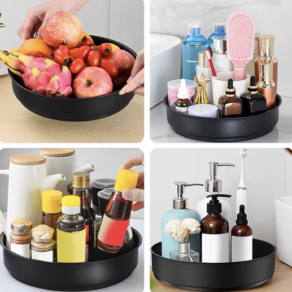 Organizator rotativ metalic tip tava Pufo Black pentru frigider sau dulap cu suprafata antialunecare, 30 cm, negru