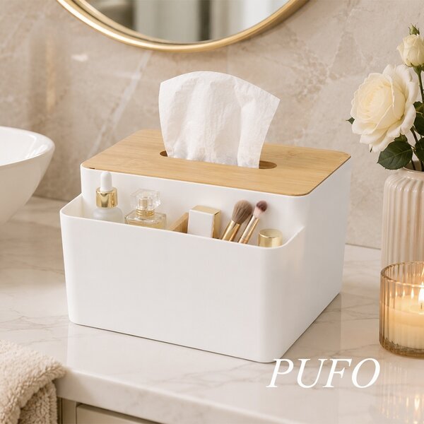 Cutie pentru servetele Pufo Bamboo cu suport depozitare accesorii, organizator multifunctional pentru birou, baie sau living, 17 cm