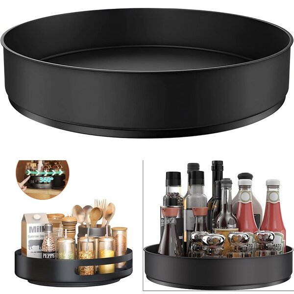 Organizator rotativ metalic tip tava Pufo Black pentru frigider sau dulap cu suprafata antialunecare, 30 cm, negru