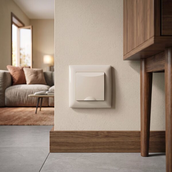 Priză simplă cu împământare și clapetă cu ramă OSTE JNH005-G Beige