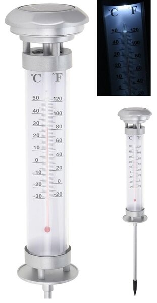 Termometru solar pentru gradina cu iluminare LED, indicator temperatura °C/°F, rezistent la exterior, inox
