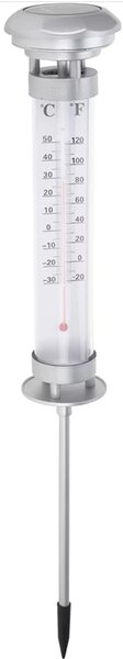 Termometru solar pentru gradina cu iluminare LED, indicator temperatura °C/°F, rezistent la exterior, inox