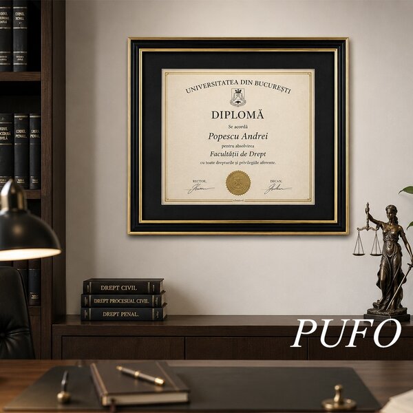 Rama foto decorativa Pufo pentru diploma, certificat, acte sau fotografie A4, design elegant negru cu auriu, 32 x 24 cm