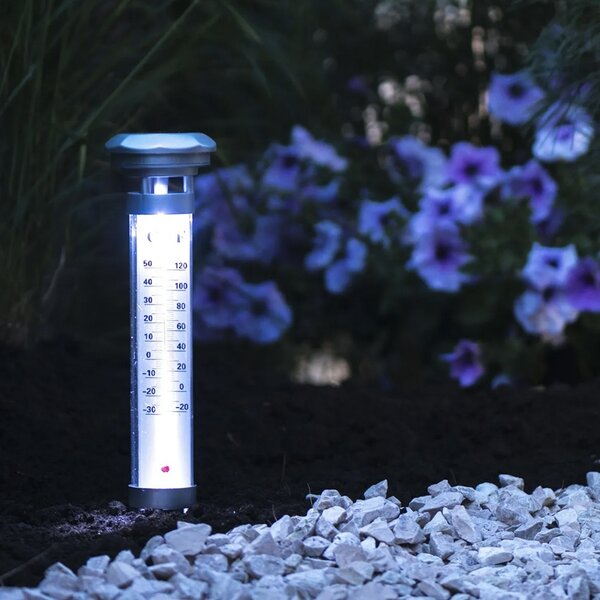Termometru solar pentru gradina cu iluminare LED, indicator temperatura °C/°F, rezistent la exterior, inox