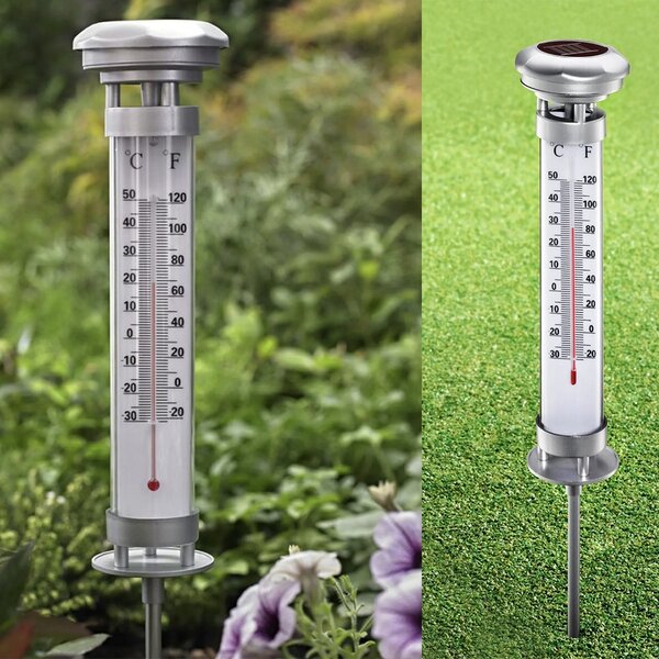 Termometru solar pentru gradina cu iluminare LED, indicator temperatura °C/°F, rezistent la exterior, inox