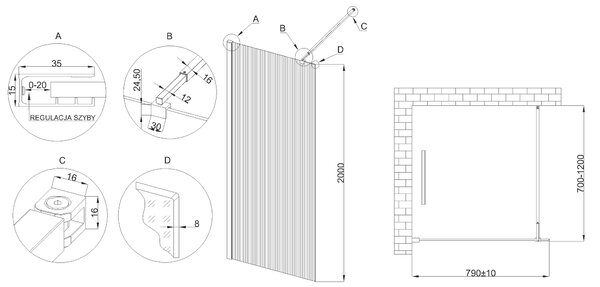 Invena perete cabină de duș walk-in 80 cm negru semi lucios/sticlă cu model AK-32-185