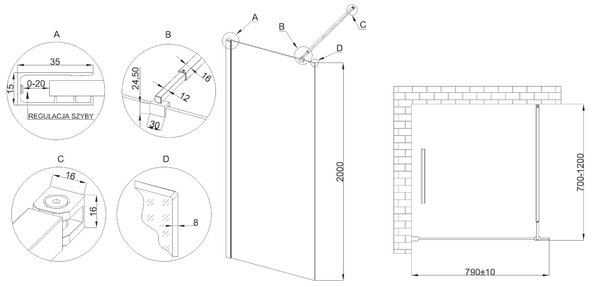 Invena perete cabină de duș walk-in 80 cm negru semi lucios/sticla transparentă AK-32-181