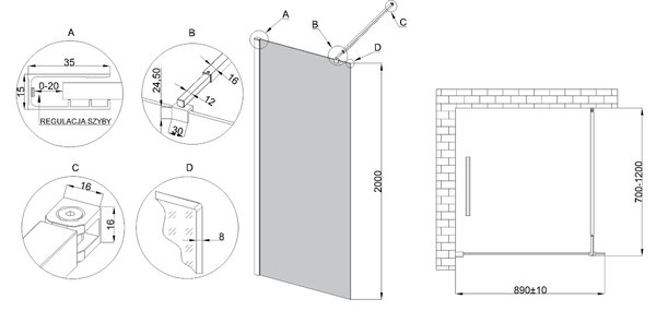 Invena perete cabină de duș walk-in 90 cm negru semi lucios/sticlă de grafit AK-32-193