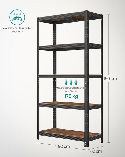 Raft de depozitare Heavy Duty cu 5 polițe reglabile, capacitate 875 kg, Maro Rustic/Negru, 90 × 40 × 180 cm