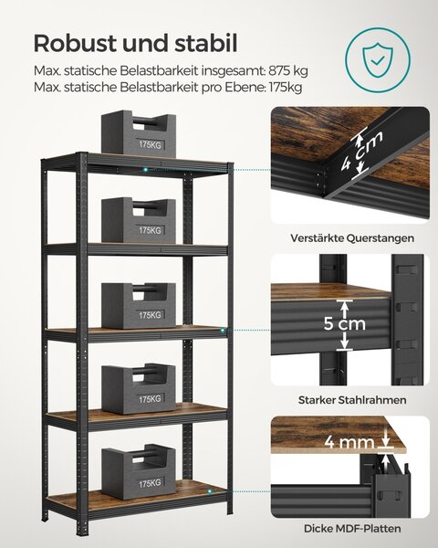 Raft de depozitare Heavy Duty cu 5 polițe reglabile, capacitate 875 kg, Maro Rustic/Negru, 90 × 40 × 180 cm