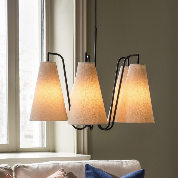 Globen Lighting Lampă suspendată Lou 5, alb Bouclé/negru, din țesătură, reglabil, Alb, Camera de zi / sufragerie, Țesătură / Textil, Design