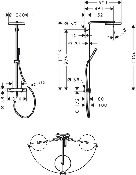 Hansgrohe Pulsify S Puro set de duș perete cu termostat cu duș de ploaie || 24223140