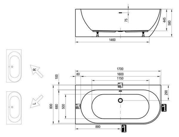Ravak Freedom Corner cadă de colț 170x80 cm ovală alb XC00100041