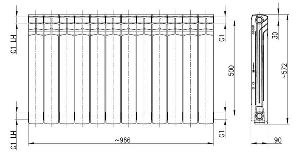 KFA Armatura G500F calorifer de cameră 57.2x96.6 cm podłączenie lateral negru 789-120-81