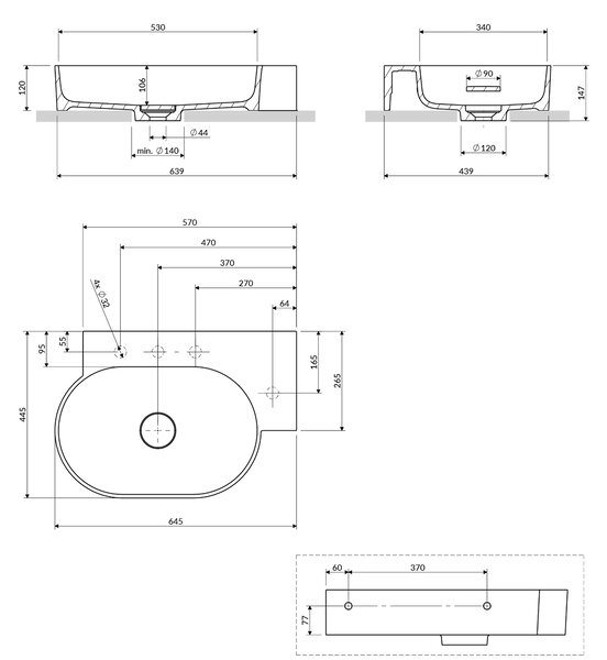 Omnires Ovo M+ lavoar 64x44 cm ovale de blat-cu blat alb mat OVO645UWPBM